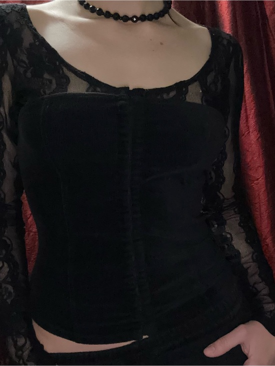 Moda International Tops - Moda International Black Lace Corset-Style Long Sleeve Top
